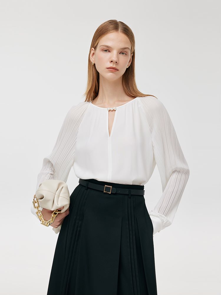 Acetate Pleated Sleeves Cut-Out Neck Women Blouse GOELIA
