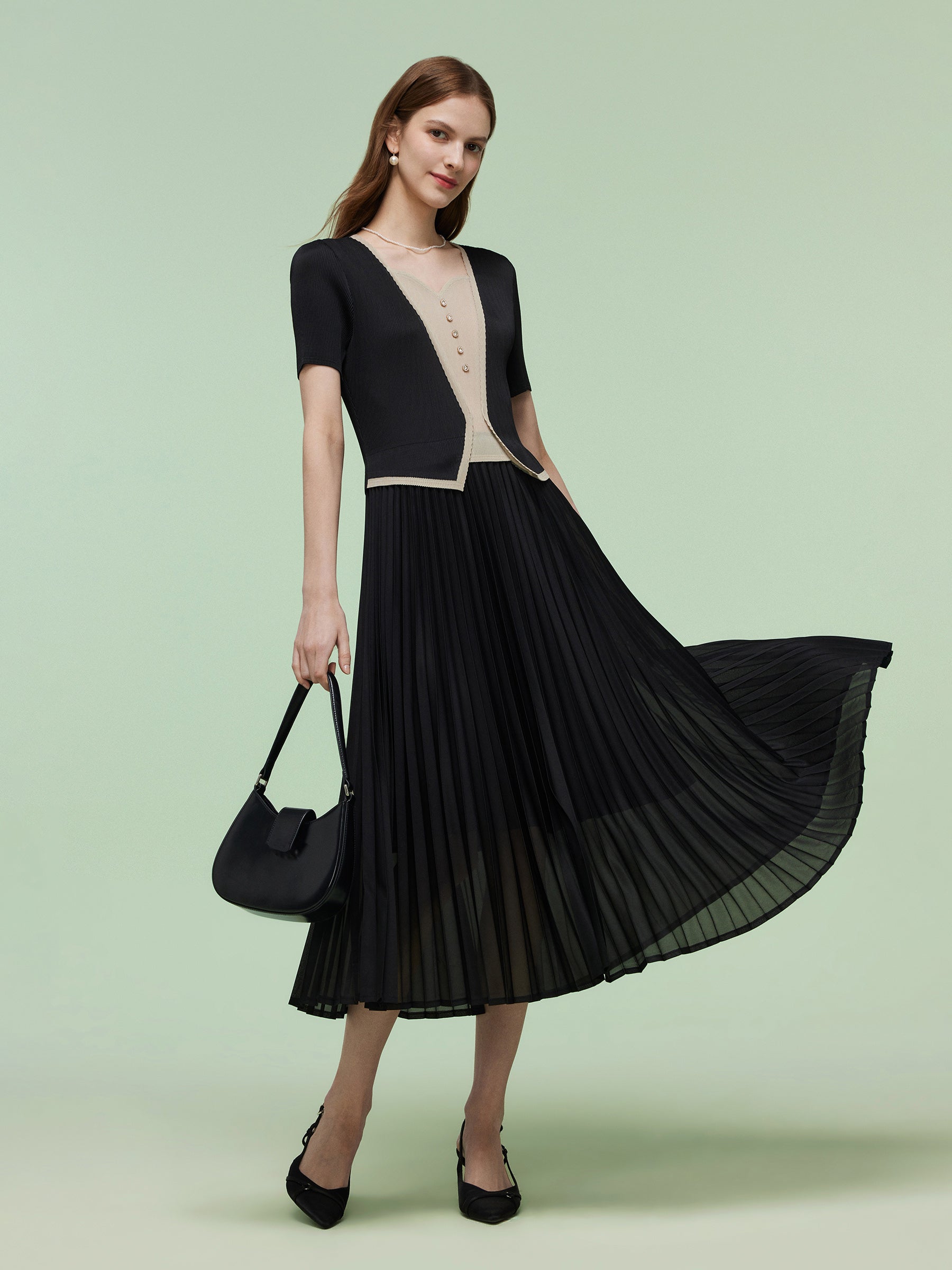 Mock Layered Women Pleated Maxi Dress GOELIA