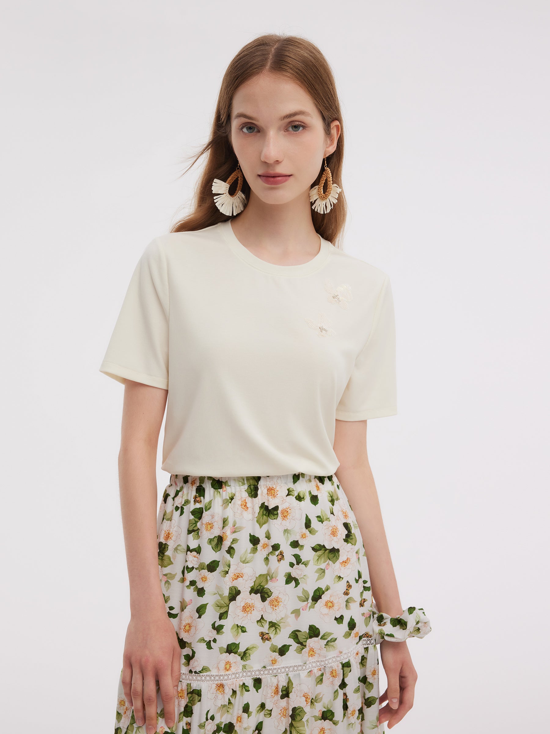 Tencel Blend Butterfly Sequined Embroidered Women T-Shirt GOELIA