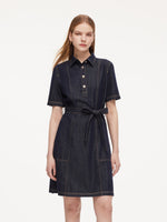 100% Cotton Denim Women A-Line Mini Shirt Dress With Self-Tie Belt GOELIA