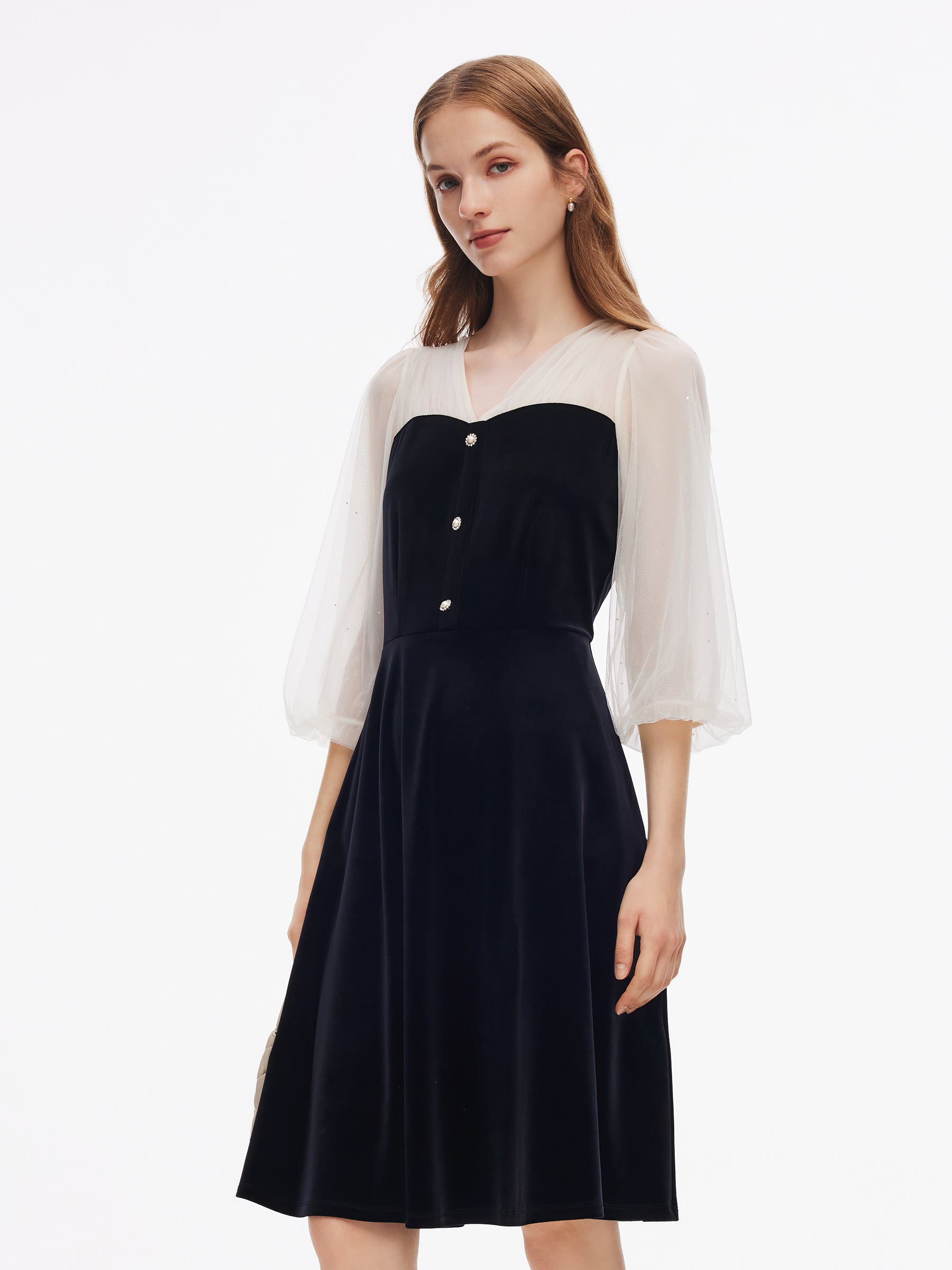 Sequined Mesh Patchwork Women Velvet Midi Dress GOELIA