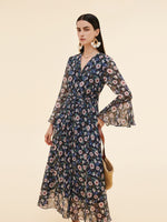 10MM Mulberry Silk Floral Print Women V-Neck Maxi Dress GOELIA