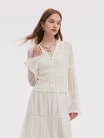 Tencel Blend Openwork Women Flared Sleeve Cardigan GOELIA
