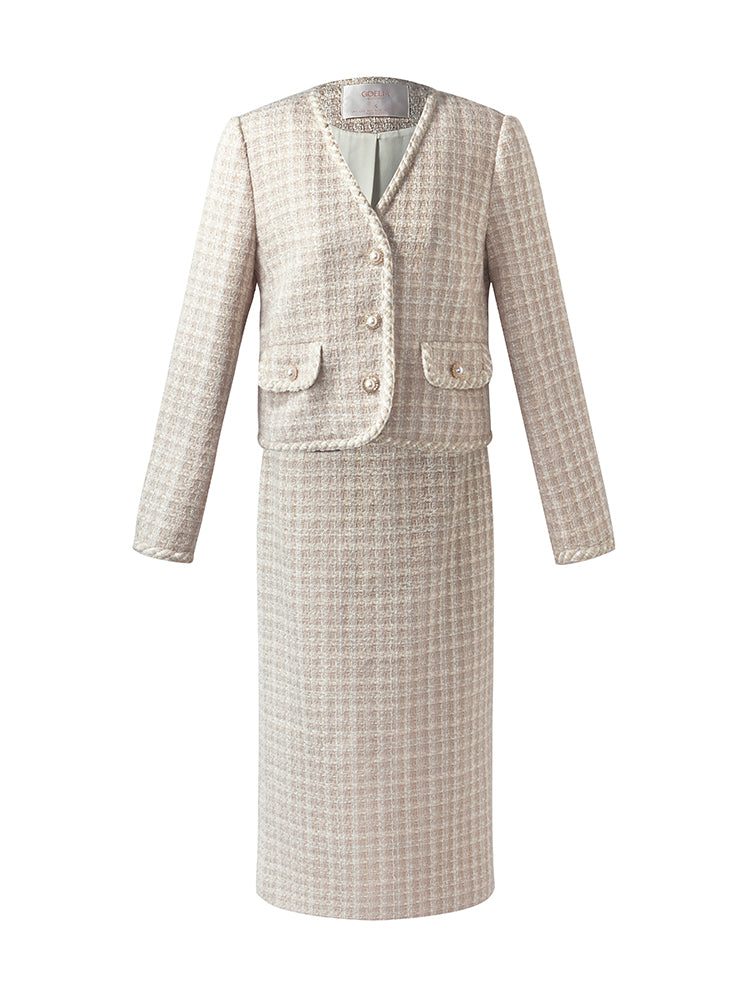 100% Washable Wool Crop Jacket And Skirt Two-Piece Set