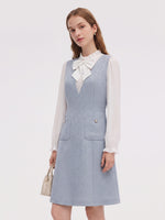 Acetate Blend Ruffle Neck Women Mini Dress With Detachable Bow GOELIA