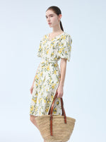 Cotton Lemon Print V-Neck Women Belted Midi Dress GOELIA