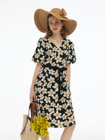 Cotton Stretch Floral Print Women Tie Belt Midi Dress GOELIA
