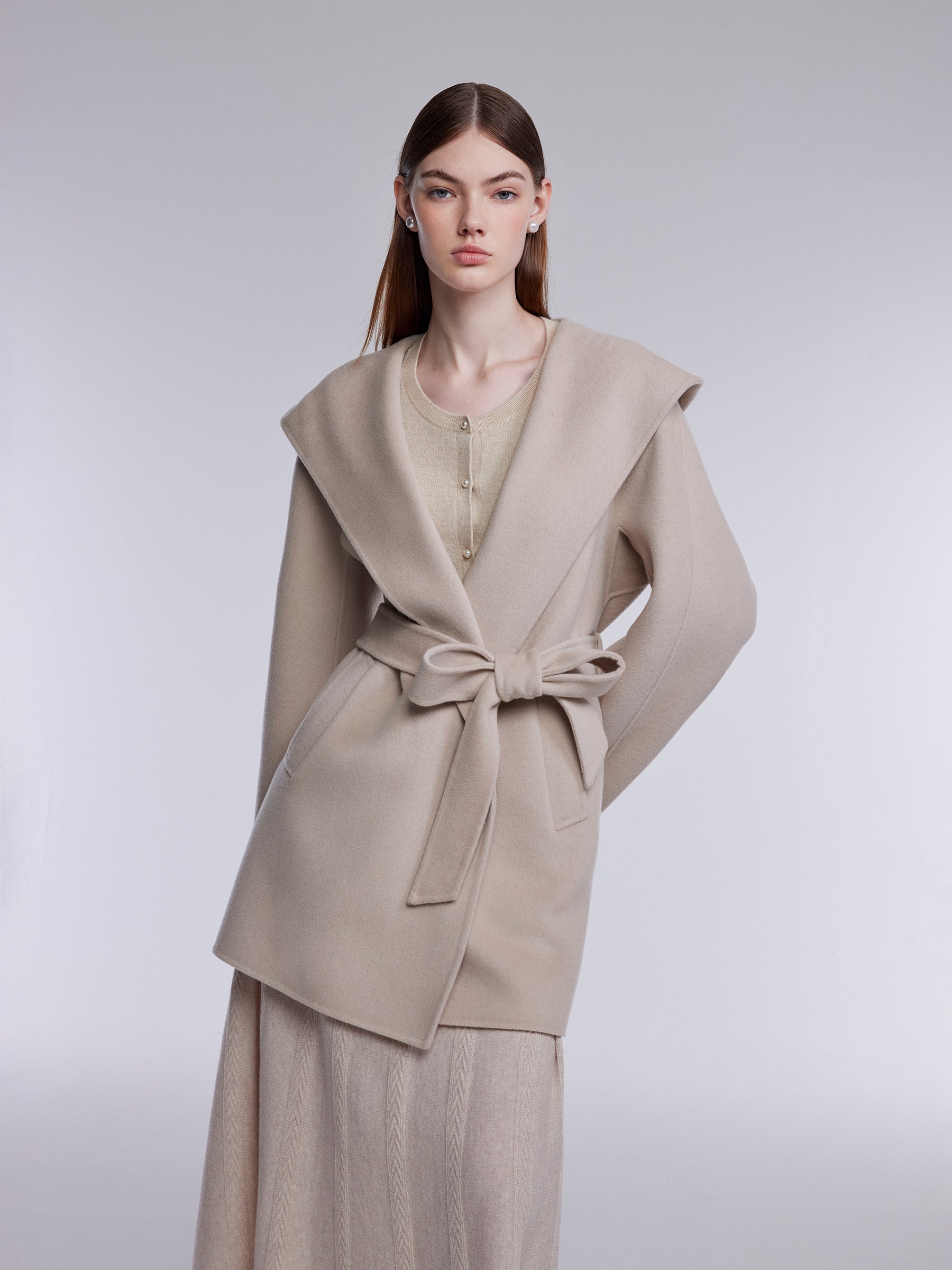 [Preview] Cashmere Wool Blend Women Hooded Wrap Coat GOELIA