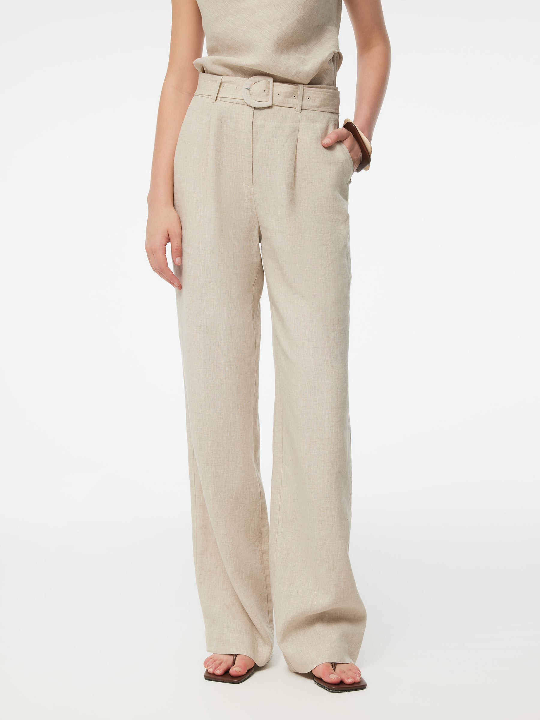 100% Linen Women Straight Leg Pants With Belt GOELIA