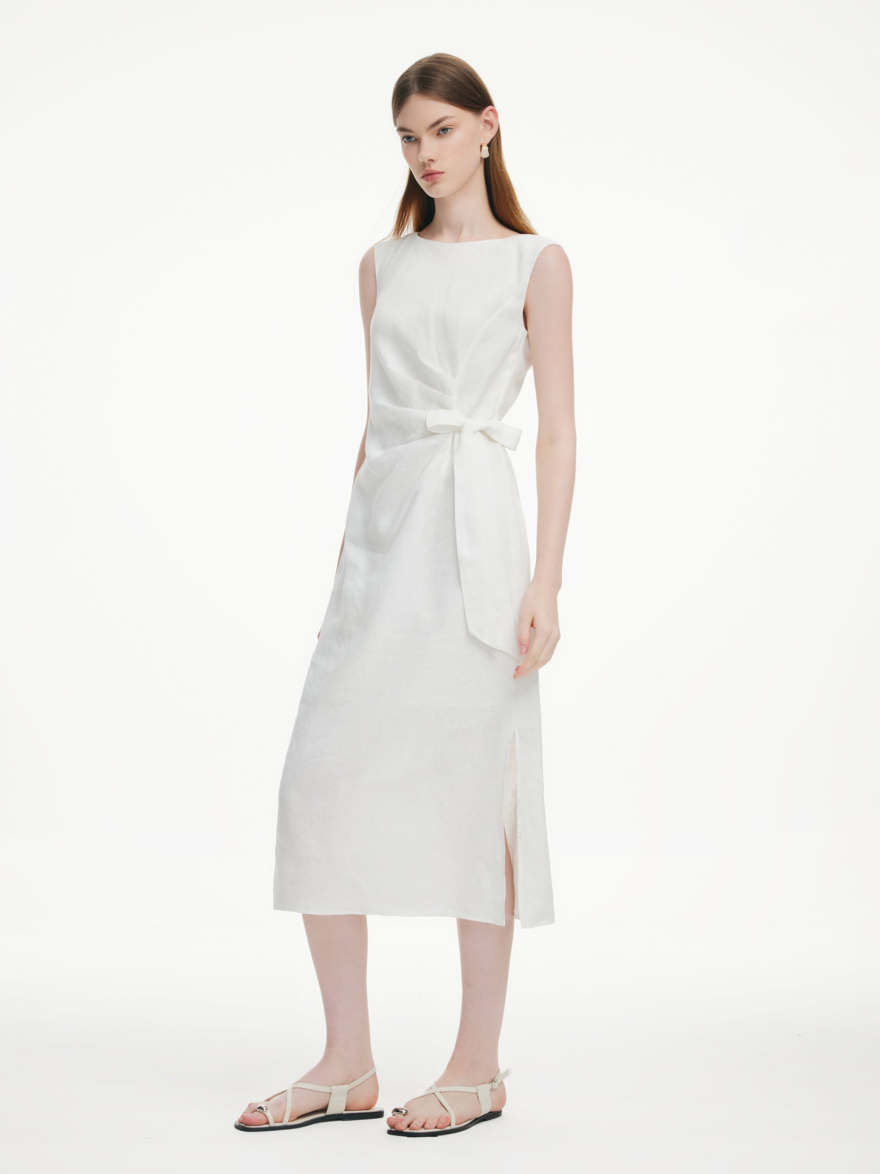 100% Linen Side Tie Women Sleeveless Maxi Dress GOELIA