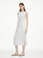 100% Linen Side Tie Women Sleeveless Maxi Dress GOELIA