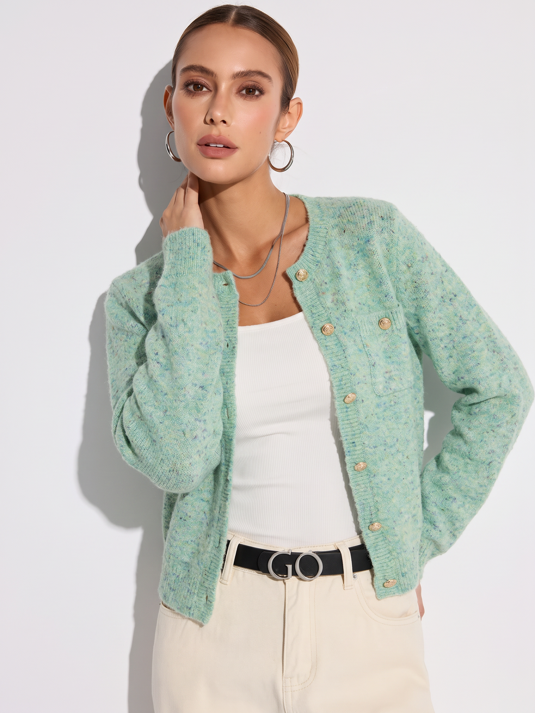 Melange Green Single Breasted Women Cardigan GOELIA