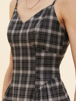 Black And Grey Plaid Women Strap Midi Dress GOELIA