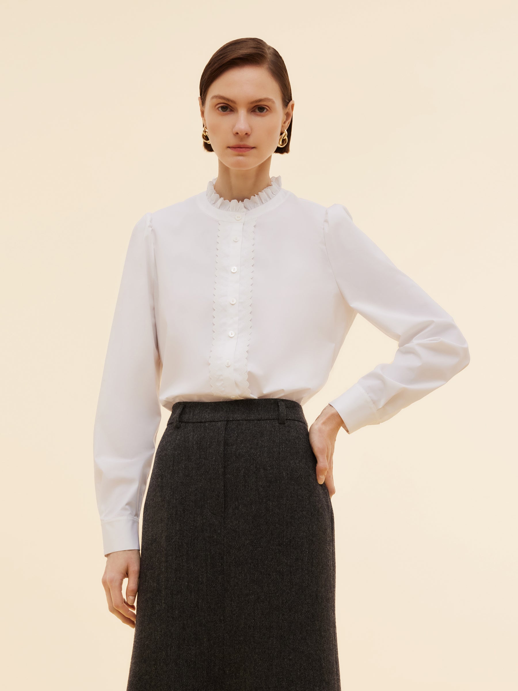 Ruffle Collar Embroider Placket Women Shirt GOELIA