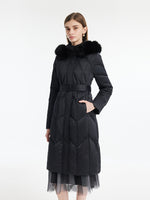 Gathered Waist Long Goose Down Garment With Faux-Fur Collar GOELIA