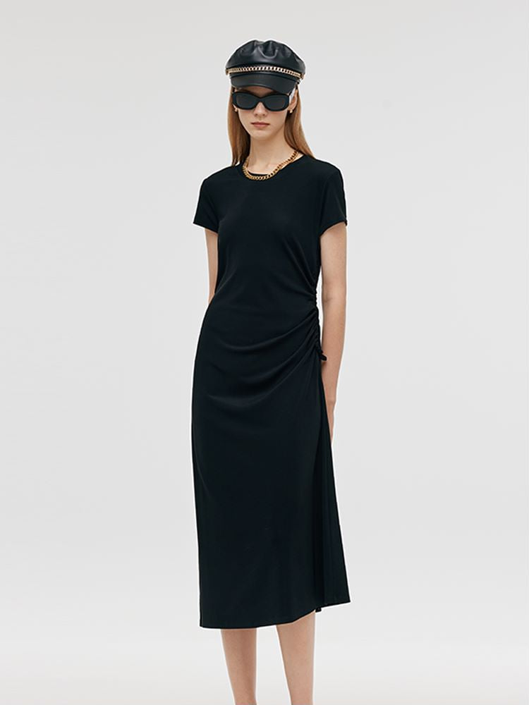 Round Neck Drawstring Waist Women Midi Dress GOELIA
