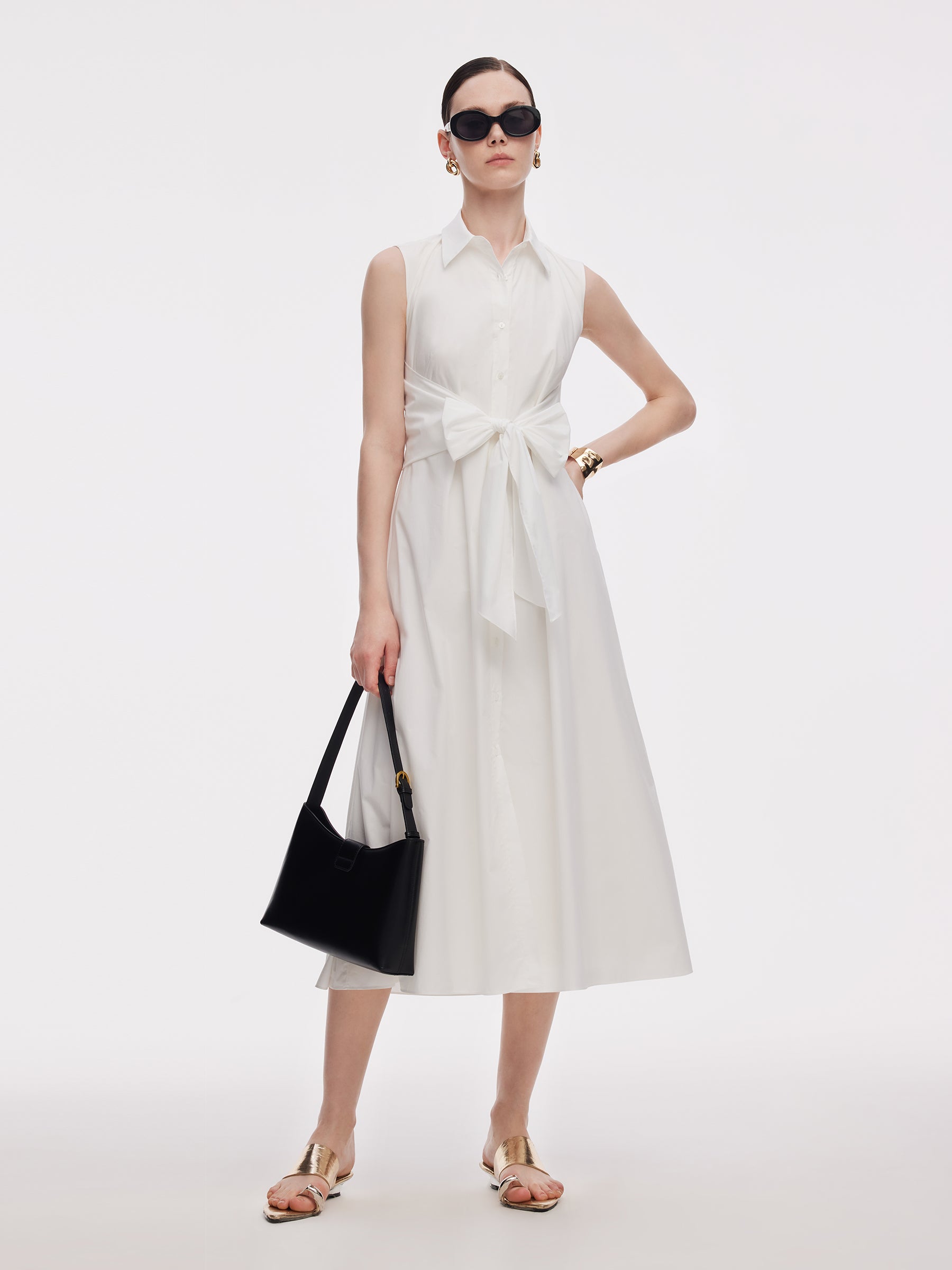 100% Cotton Tie Front Women Sleeveless Maxi Shirt Dress GOELIA