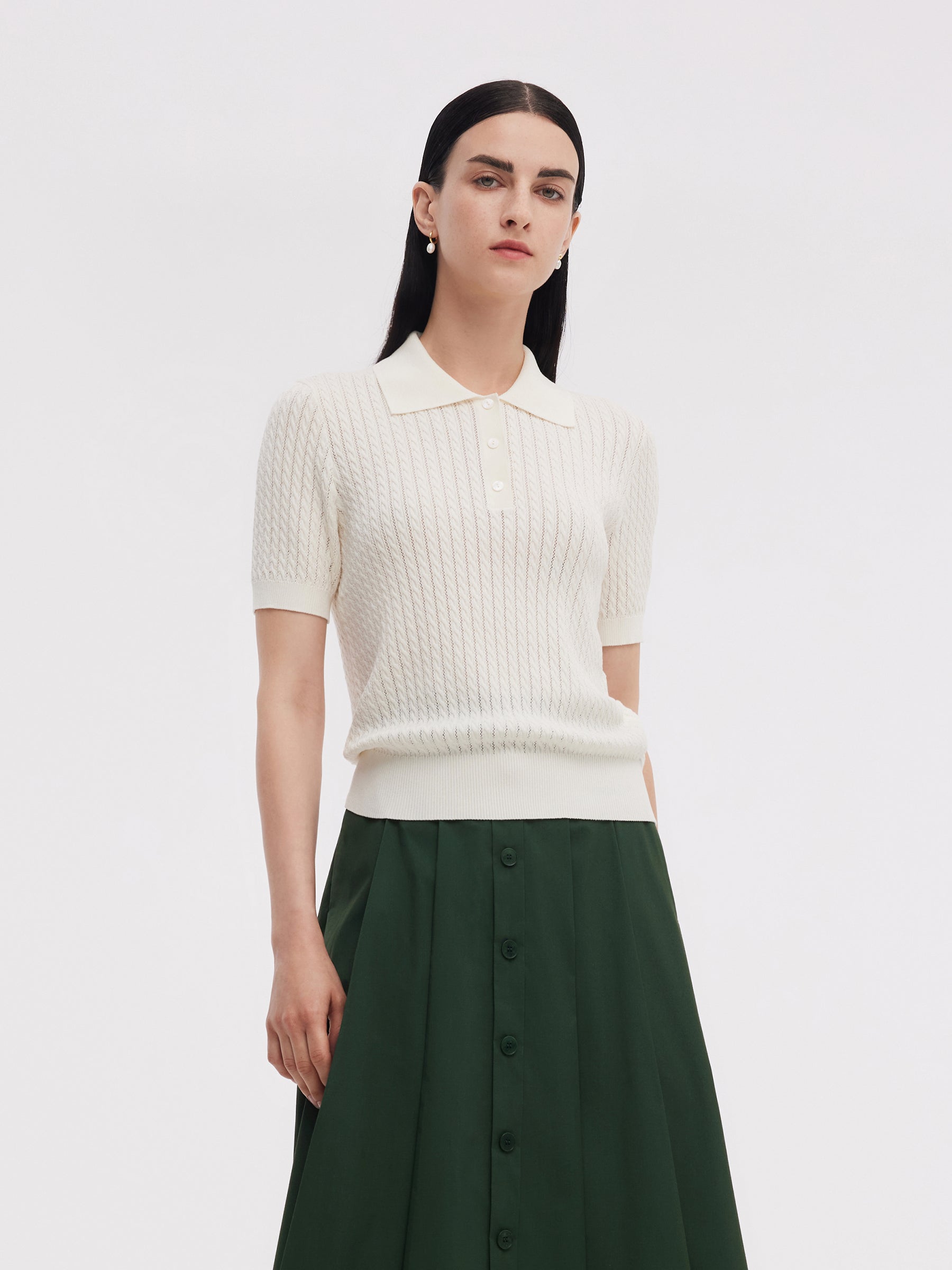 Tencel Blend Openwork Women Knit Polo Top GOELIA