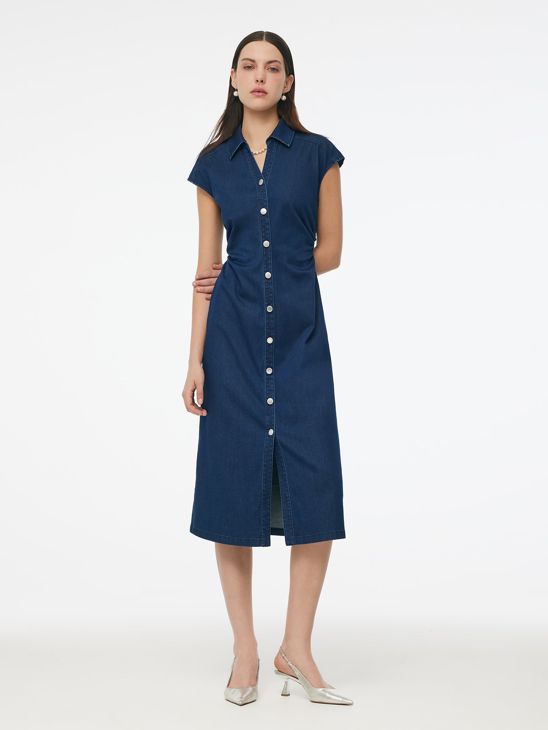 Denim Side Twist Women Cap Sleeve Stretchy Midi Dress GOELIA