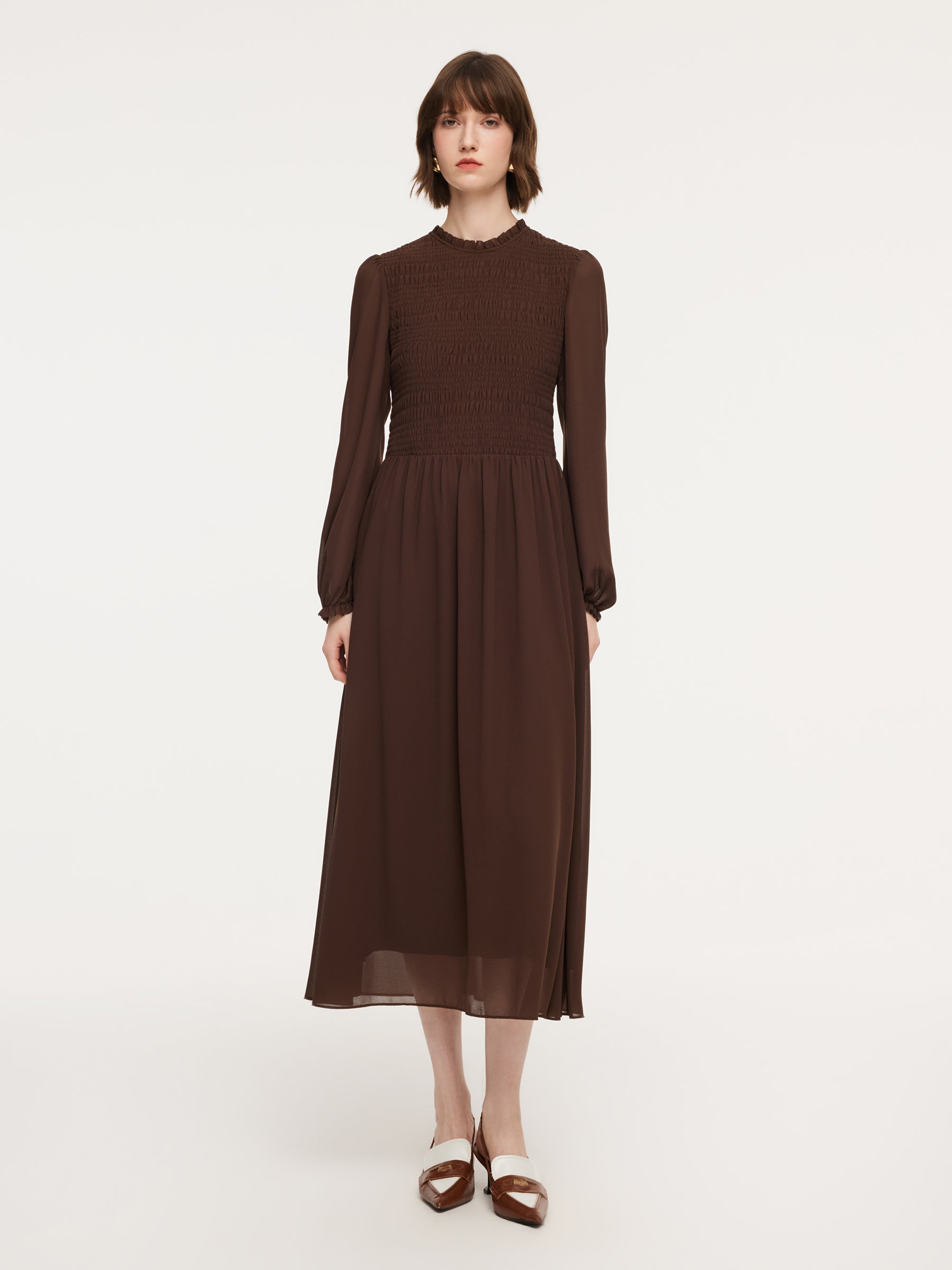 [Preview] Ruffle Round Neck Women Smocked Maxi Dress GOELIA