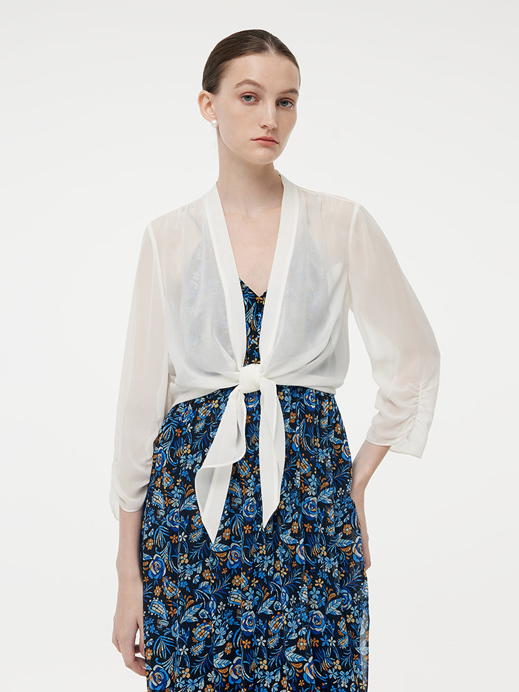10MM Mulberry Silk 3/4 Sleeve Women Front Knot Shirt GOELIA