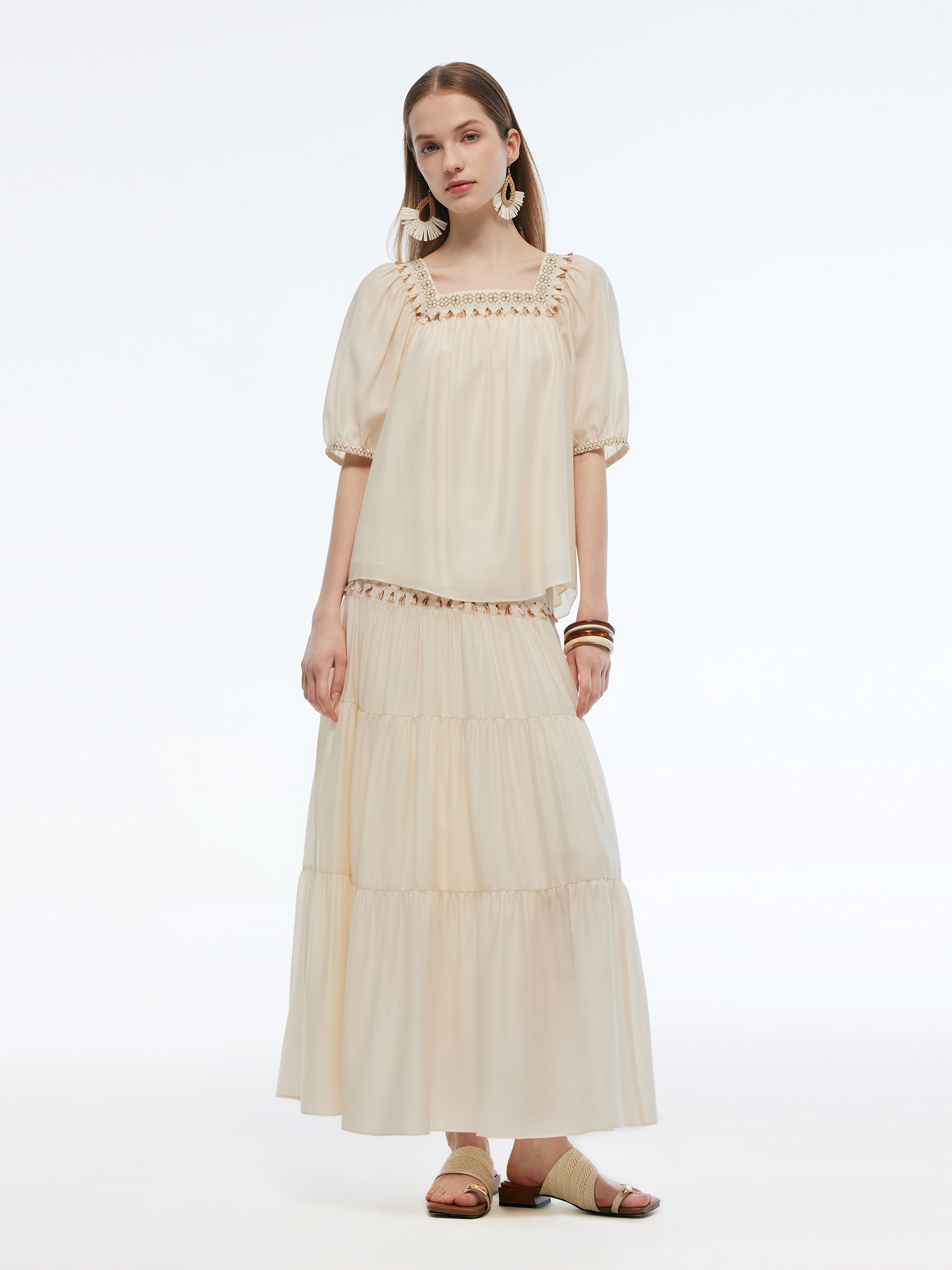 Acetate Blend Square Neck Women Embroidered Blouse GOELIA