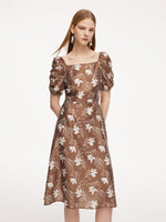 Tencel Blend Floral Print Square Neck Women Midi Dress GOELIA