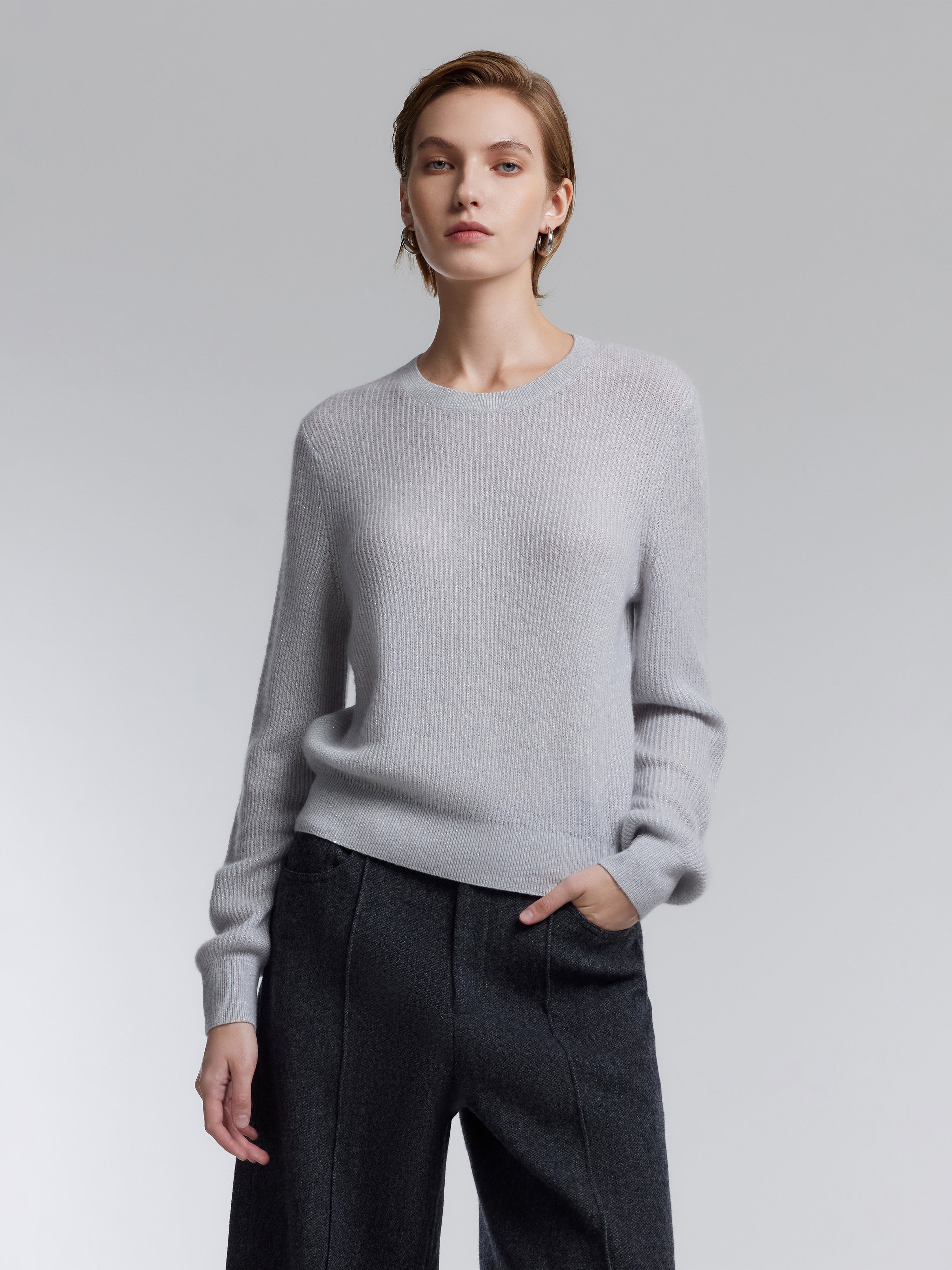 [Preview] Wool Blend Shimmer Ribbed Women Crewneck Sweater GOELIA