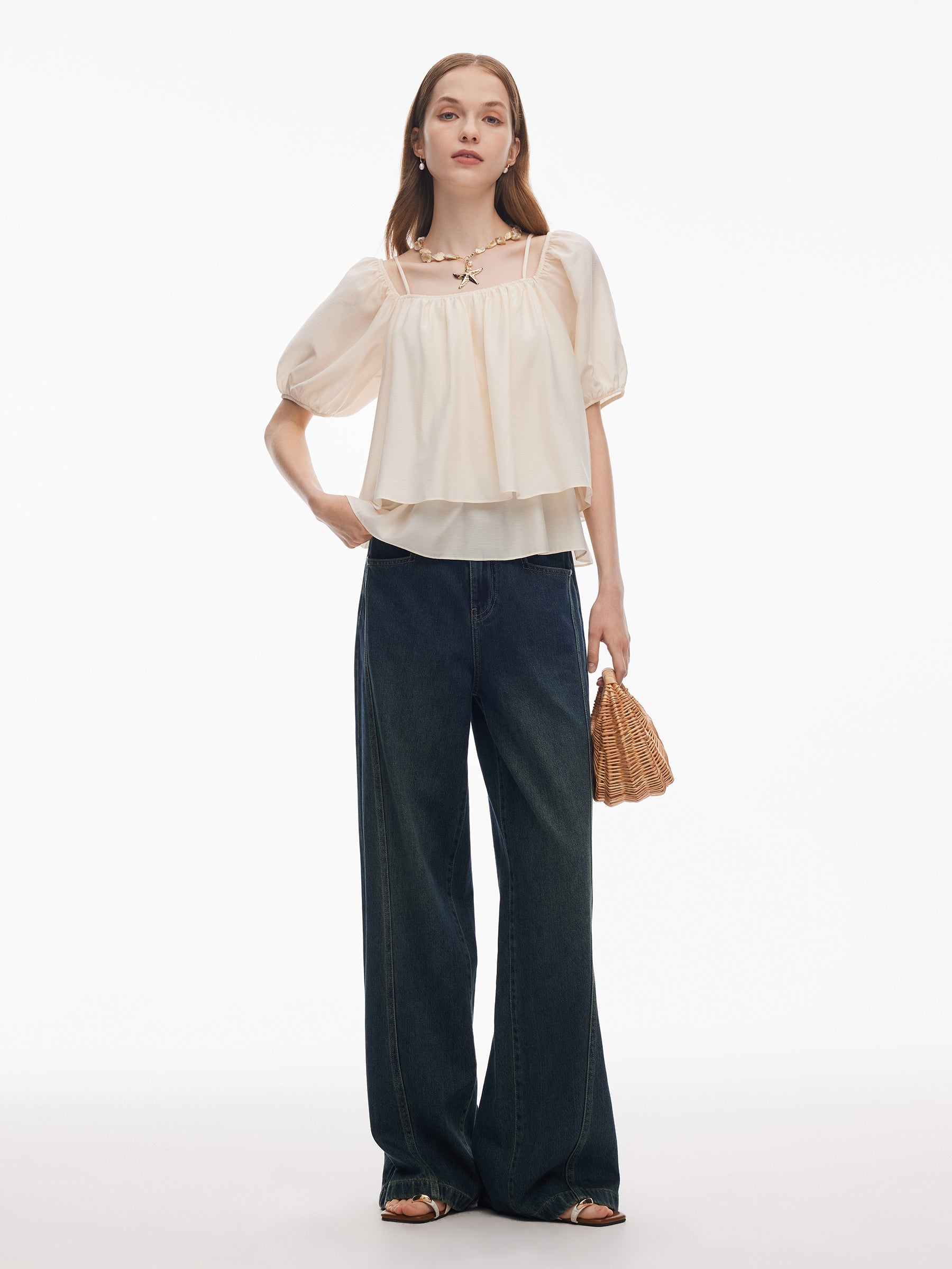 Acetate Blend Convertible Neckline Women Ruffle Hem Top GOELIA