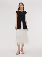 Adjustable Hem Knit Top And Mesh Pleated Skirt Two-Piece Set GOELIA