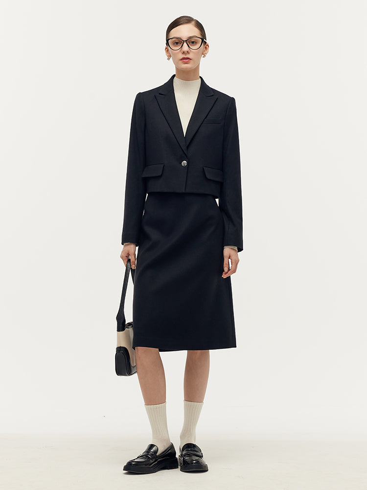 Cashmere Wool Blend V-Neck Blazer And Midi Skirt Two-Piece Set GOELIA