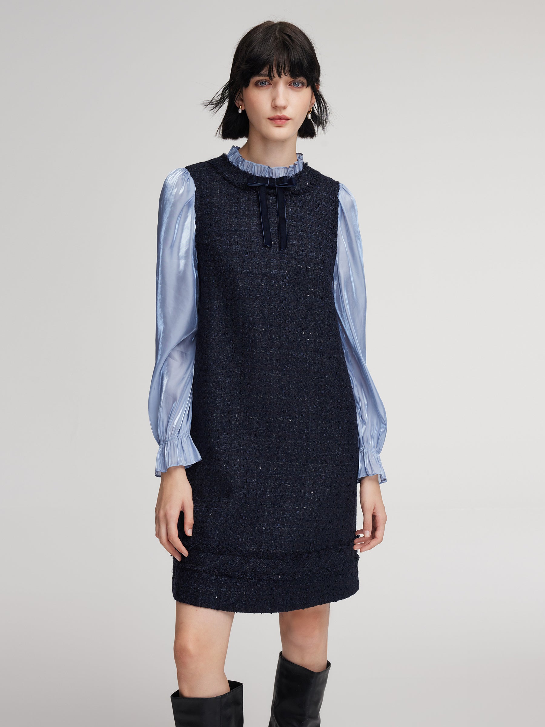 Wool Blend Tweed Sequins Faux Two-Piece Women Mini Dress GOELIA