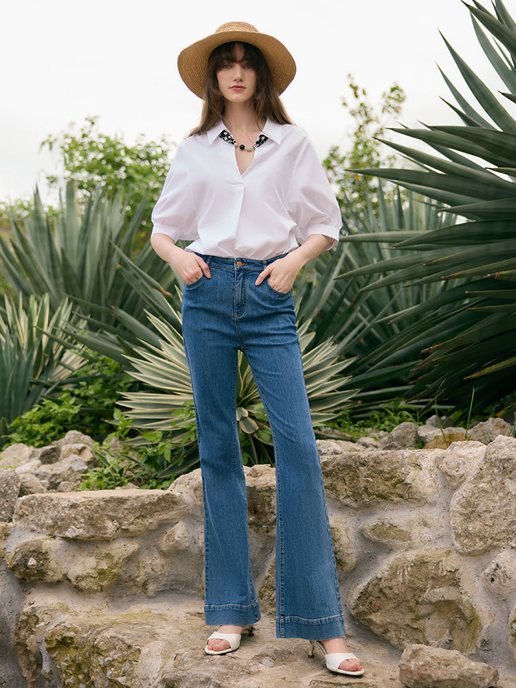 Puff Sleeves V-Neck Women Shirt With Silk Scarf GOELIA