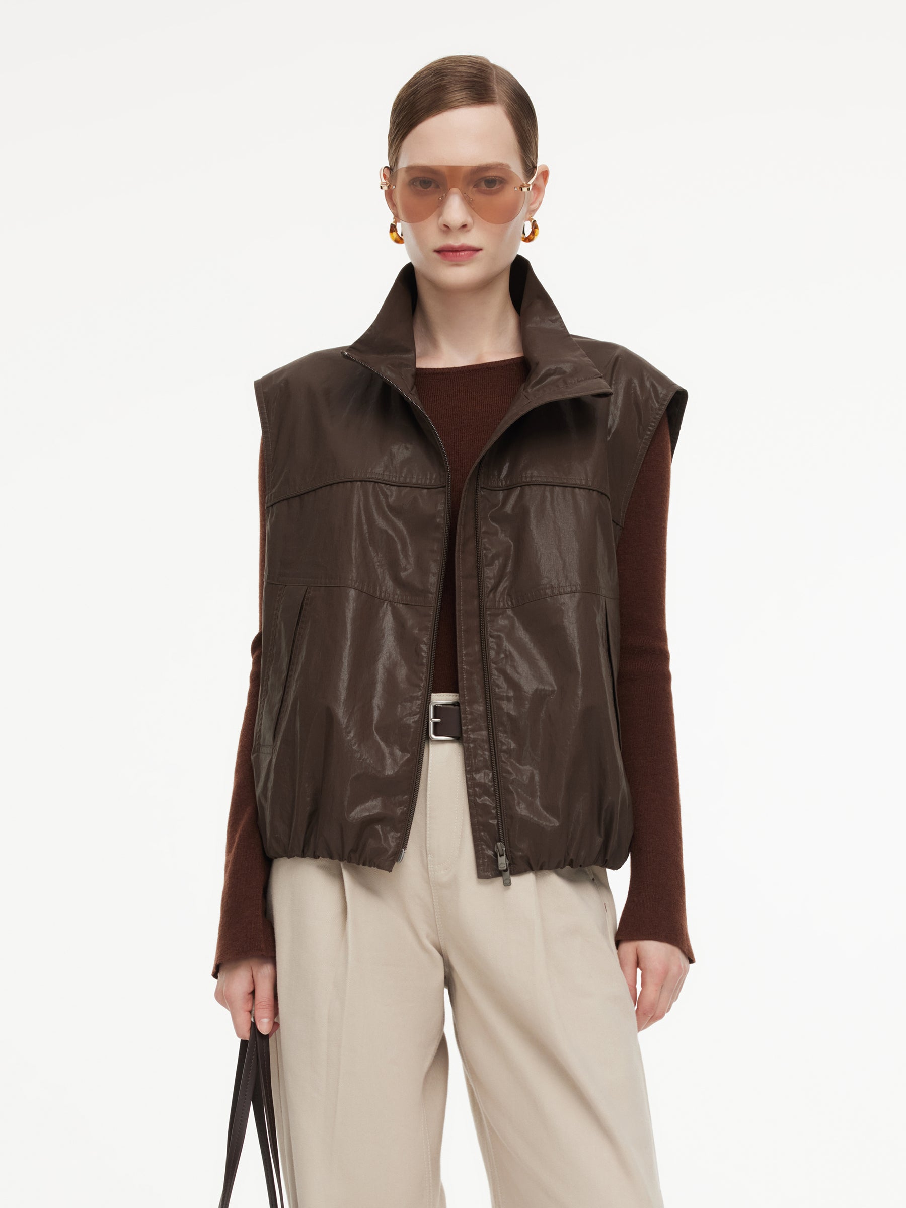 100% Cotton Stand Collar Women Zip-Up Vest GOELIA