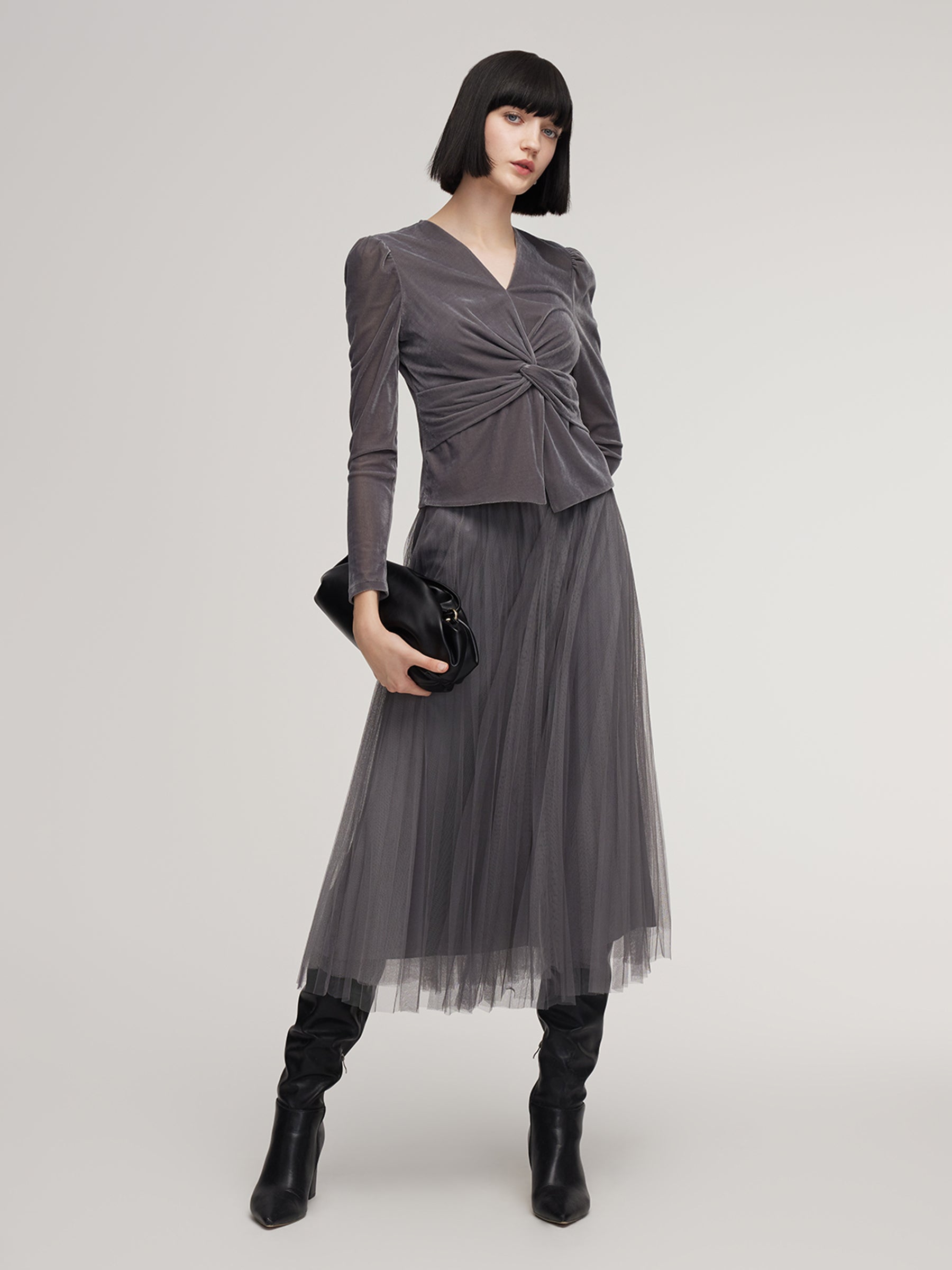 [Preview] Velvet Twist Front V-Neck Top And Mesh Skirt Two-Piece Set GOELIA