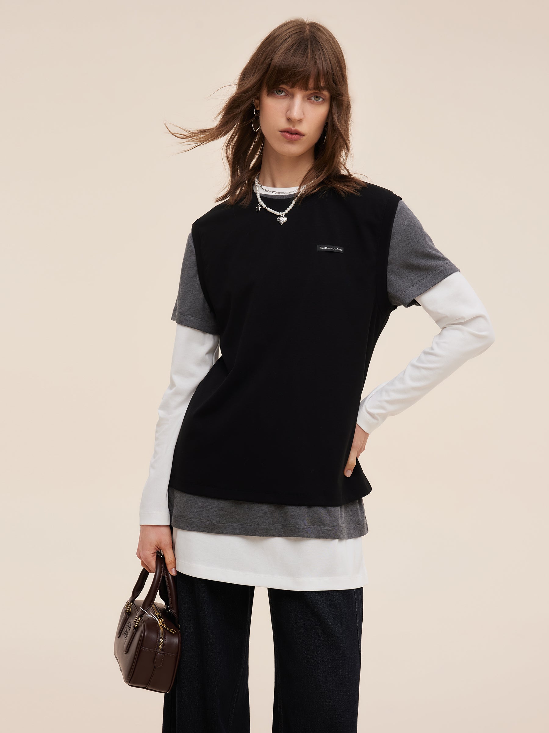 Knit Tank And T-Shirt And Long Sleeve Top Three-Piece Set GOELIA