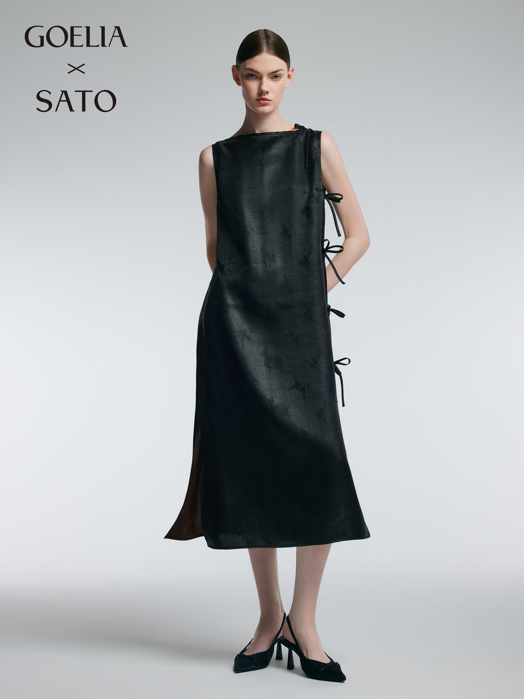 19MM Gambiered Canton Gauze Women Jacquard Sleeveless Maxi Dress GOELIA