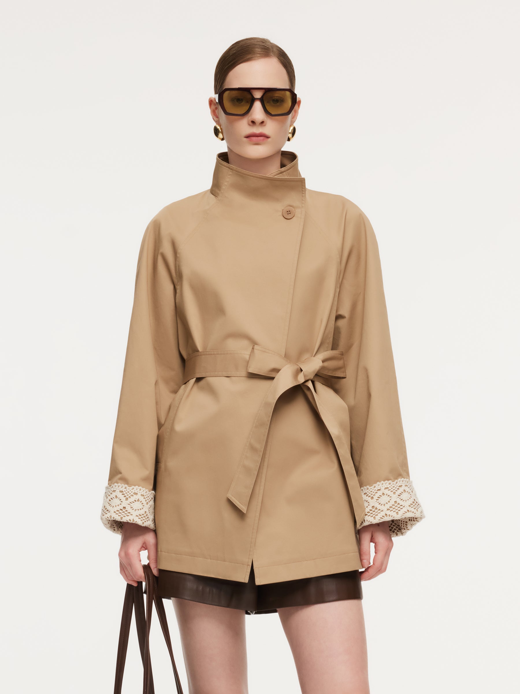 Cotton Stand Collar Lace Cuffs Women Self-Tie Belt Trench Coat GOELIA