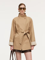 Cotton Stand Collar Lace Cuffs Women Self-Tie Belt Trench Coat GOELIA