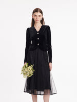 Wave Cut V-Neck Velvet Top And Tulle Skirt Two-Piece Set GOELIA