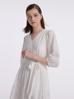 White V-Neck Gathered Waist Midi Dress GOELIA