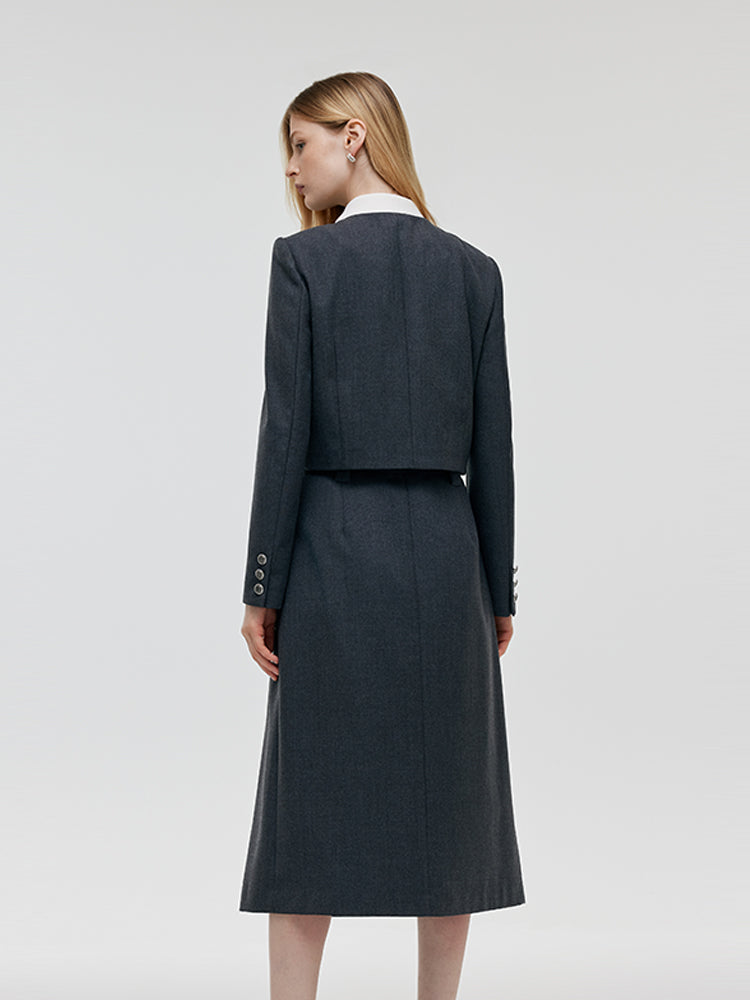 Wool Blend Crop Jacket And A-Line Skirt Two-Piece Set With