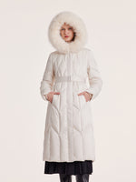 Gathered Waist Long Goose Down Garment With Faux-Fur Collar GOELIA