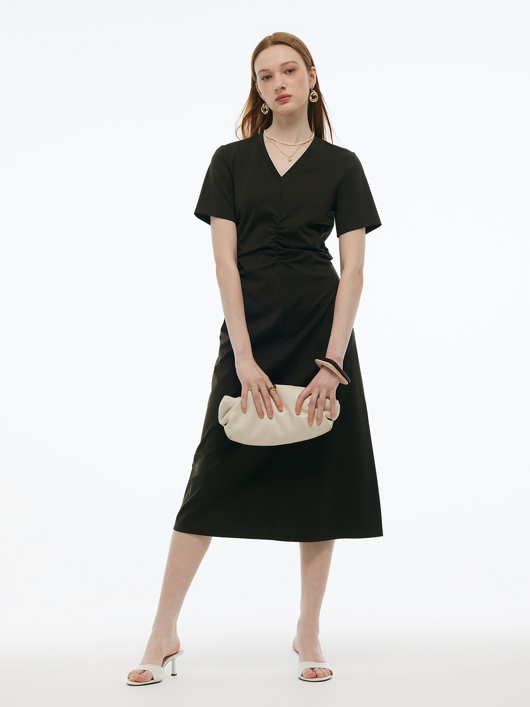 Tencel-blend Gathered Waist Women Tuck Detail Midi Knit Dress GOELIA