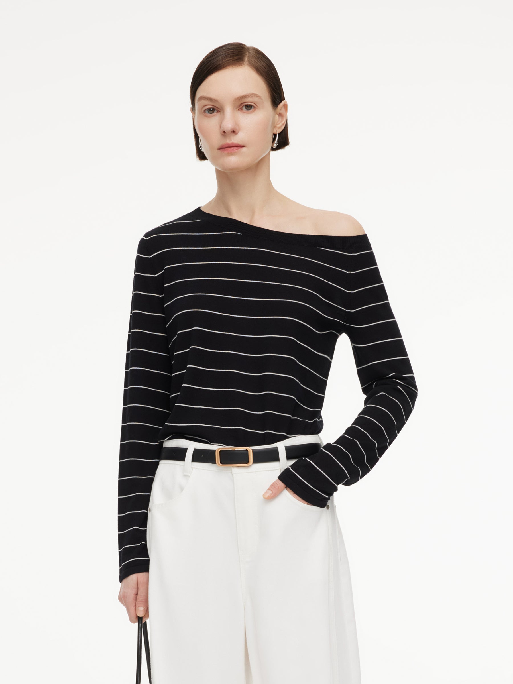 Tencel Mulberry Silk Blend Boat Neck Women Stripe Knit Top GOELIA