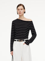 Tencel Mulberry Silk Blend Boat Neck Women Stripe Knit Top GOELIA