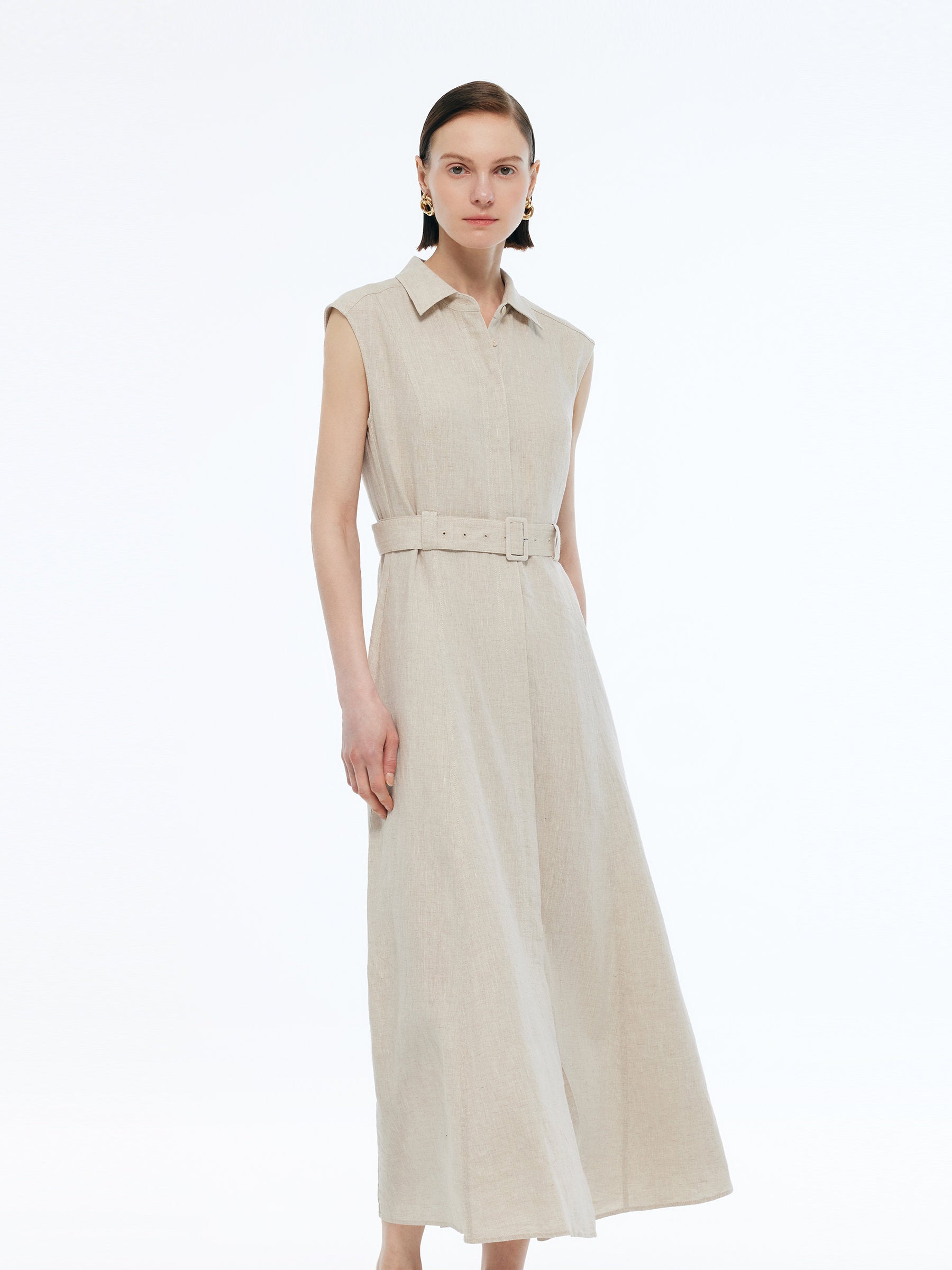 100% Linen Women Vest Maxi Shirt Dress With Belt GOELIA