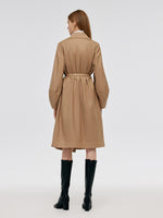 Worsted Wool Lantern Sleeve Women Trench Coat With Leather Belt GOELIA