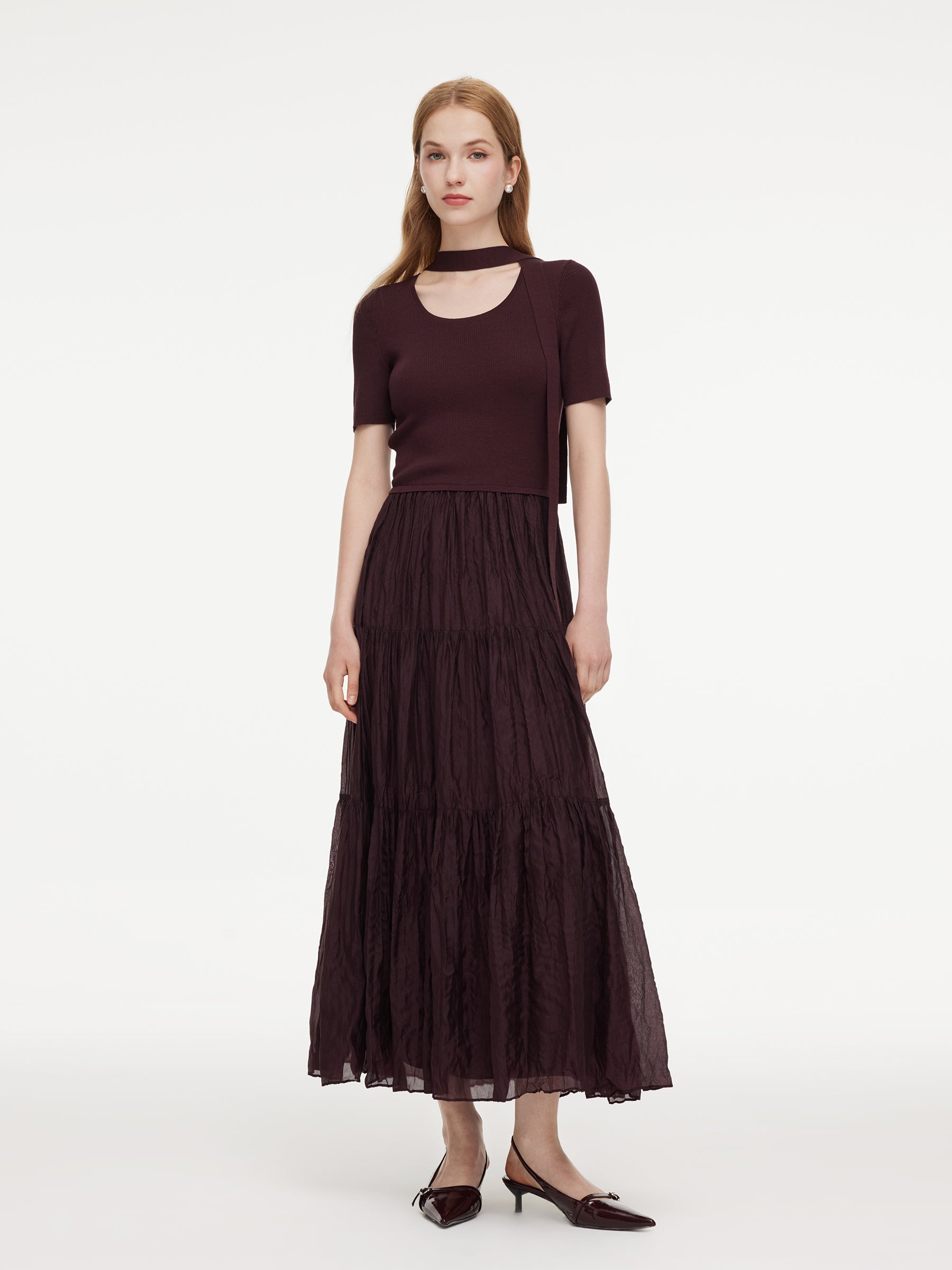 Lyocell Blend Patchwork Women Maxi Dress With Ribbon GOELIA
