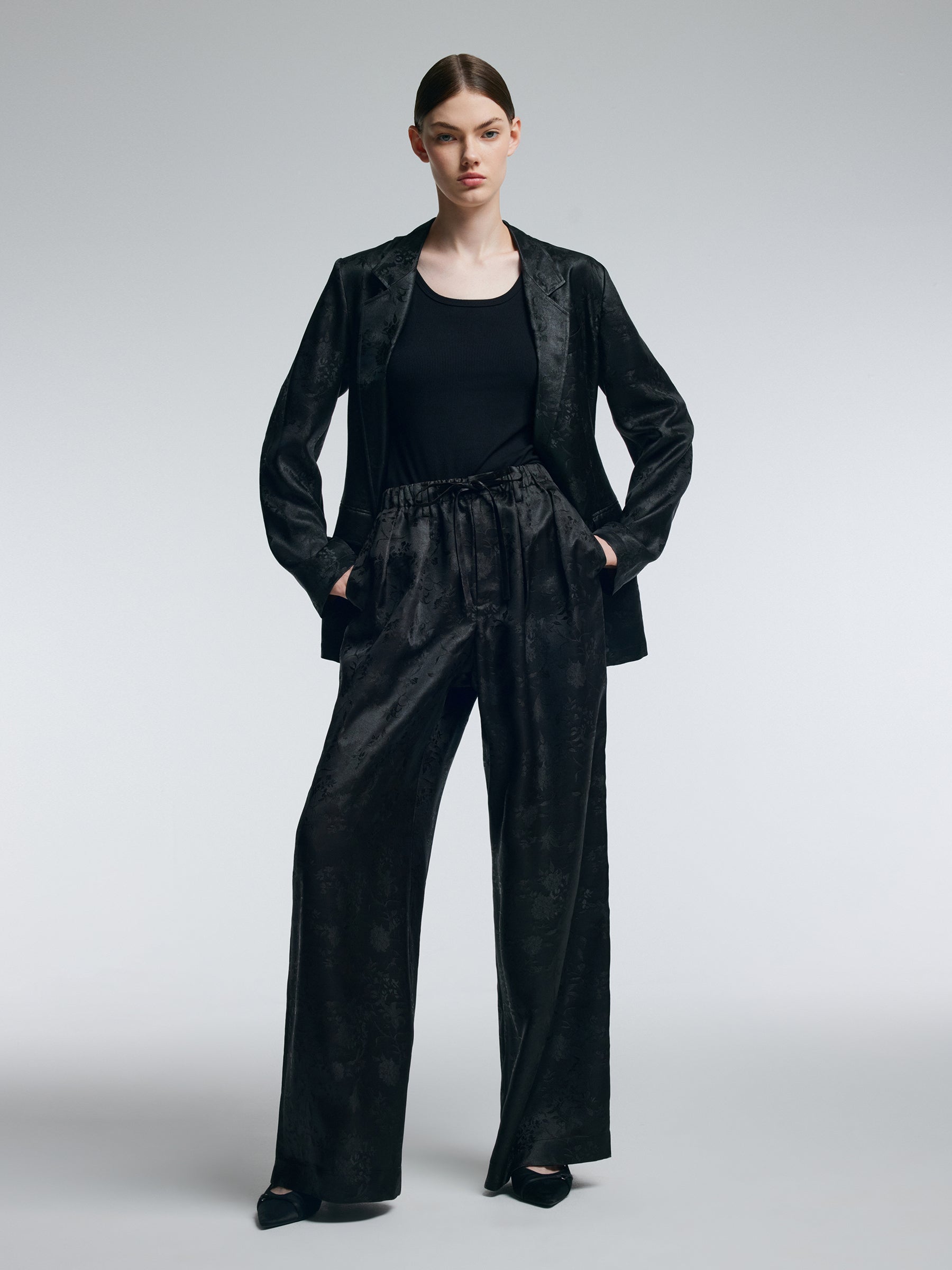 19MM Gambiered Canton Gauze Women Jacquard Straight Leg Pants GOELIA